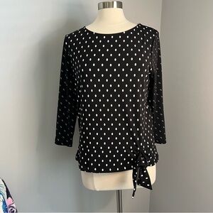Chico's Size 2 (L/12) Black and White Polka Dots 3/4 Sleeve Tie Hem Blouse Top